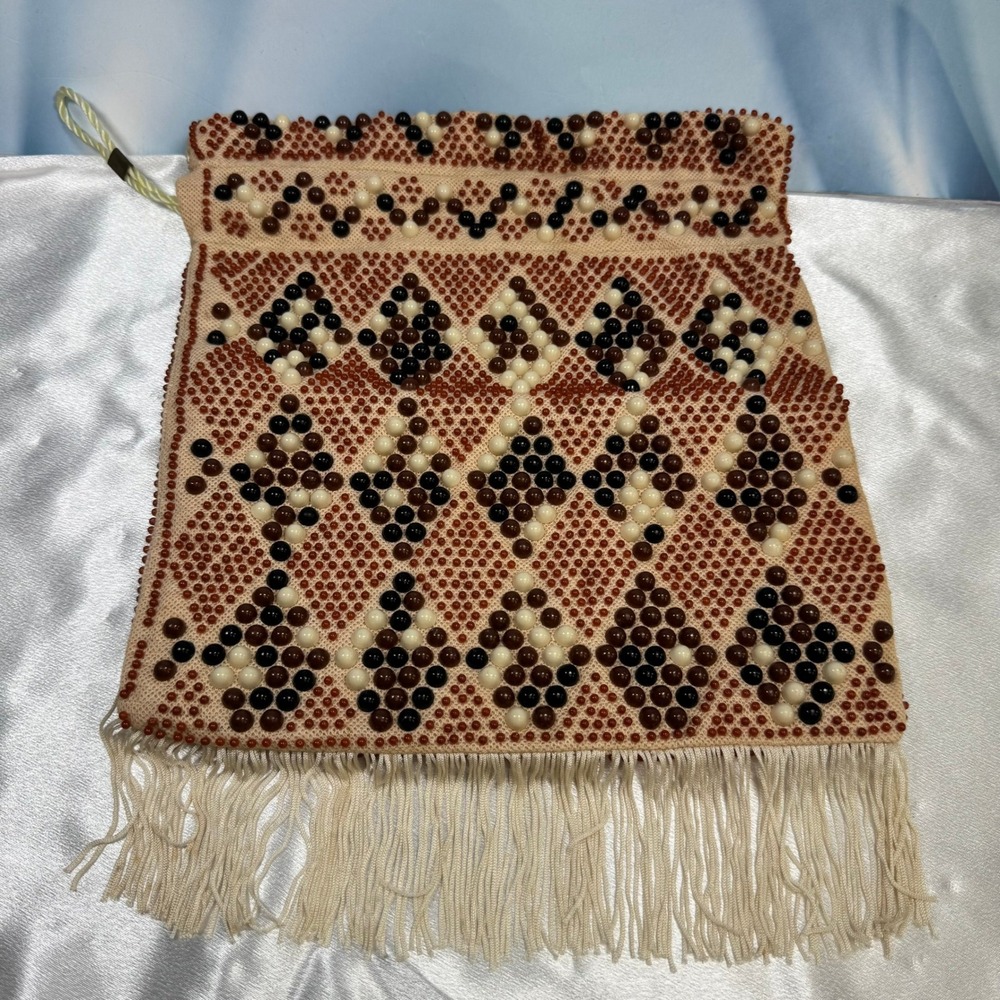 VTG Beaded Wristlet Pouch Women Beige Brown Diamond Fringe Boho Handbag 60s 70s